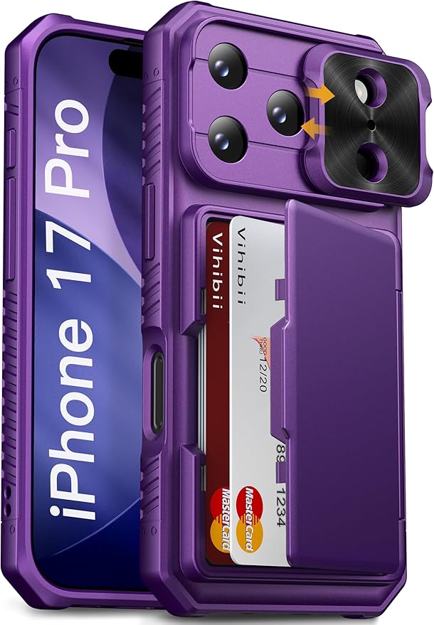 Vihibii for iPhone 17 Pro Case Wallet with Card Holder (4 Cards) [RFID Blocking] & Slide Camera Cover, Military Grade Drop Protection, Hard Back & Silicone Edge Phone Case 6.3" 5G 2025, Dark Purple