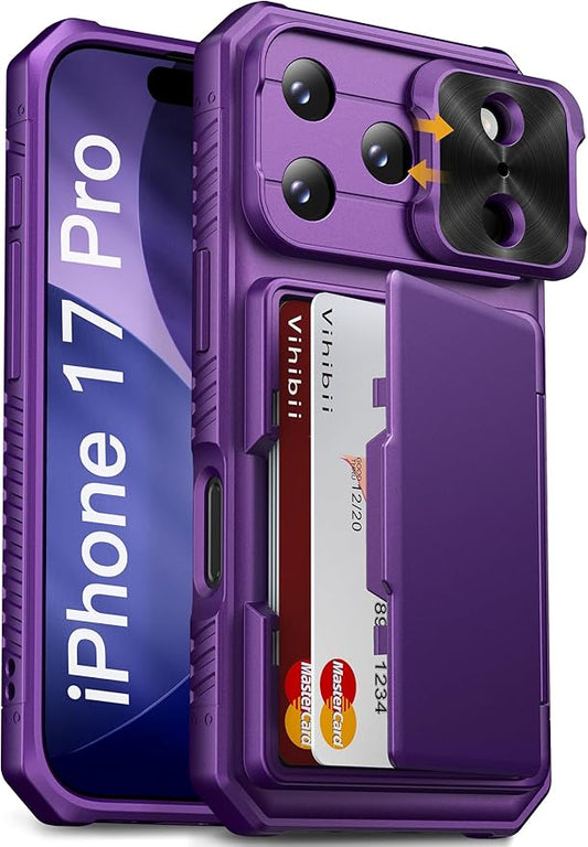 Vihibii for iPhone 17 Pro Case Wallet with Card Holder (4 Cards) [RFID Blocking] & Slide Camera Cover, Military Grade Drop Protection, Hard Back & Silicone Edge Phone Case 6.3" 5G 2025, Dark Purple