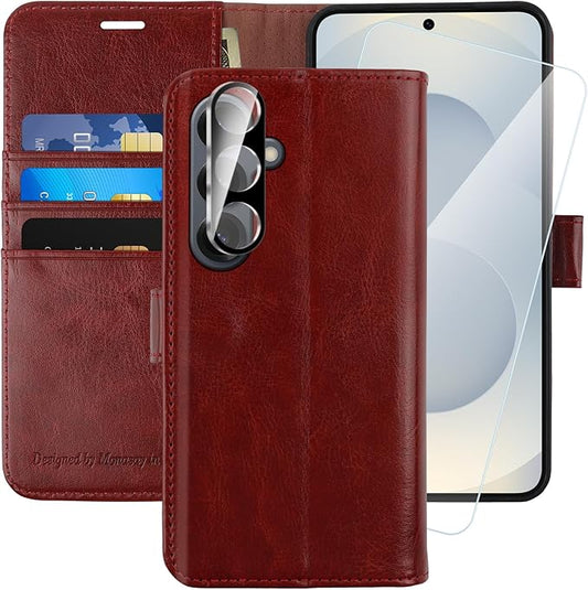MONASAY Wallet Case Fit for Samsung Galaxy S25+ Plus 5G, [Lens & Glass Screen Protector Included] [RFID Blocking] Flip Folio Leather Cell Phone Cover with Credit Card Holder, 6.7 inch, Burgundy