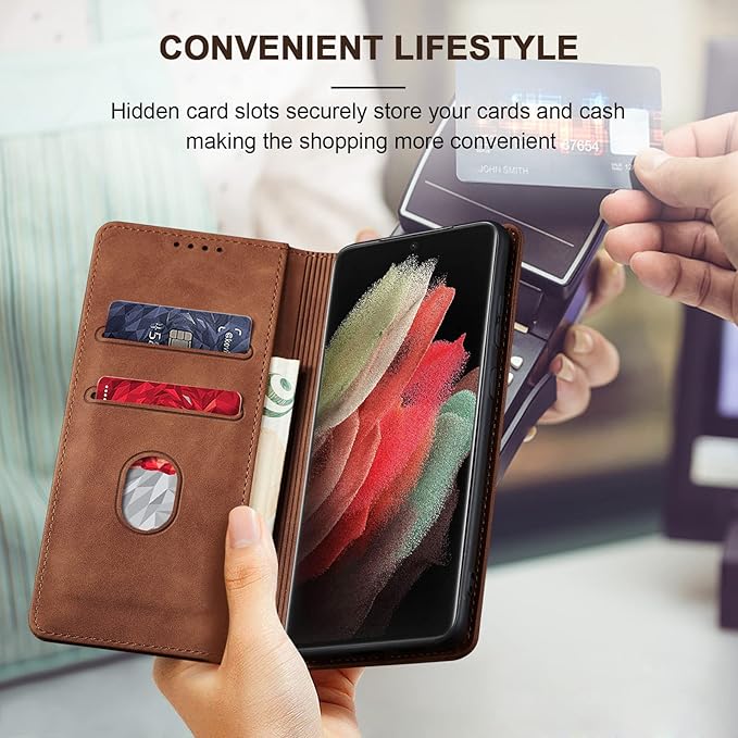 Jasonyu Flip Wallet Case for Samsung Galaxy S21 Ultra 5G,Leather Magnetic Folio Cover with Card Holder,Kickstand - TPU Shockproof Durable Protective Phone Case,Brown