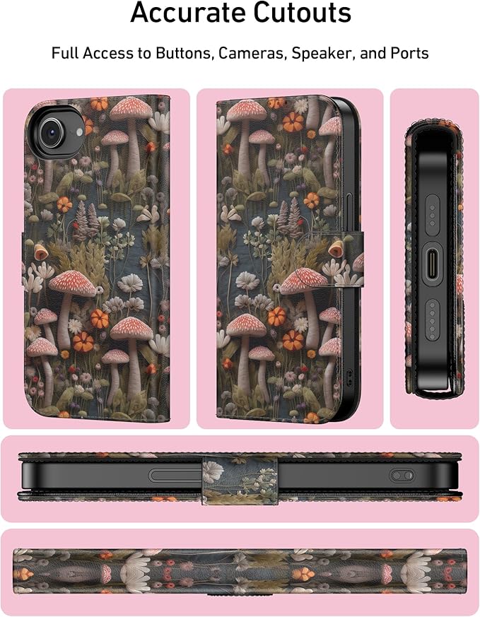 DEENAKIN for iPhone 16e Wallet Case with Card Holder + Cash Clip, RFID-Blocking, Military-Grade Drop Protection, Magnetic Closure with Leather Kickstand - Mushroom Floral
