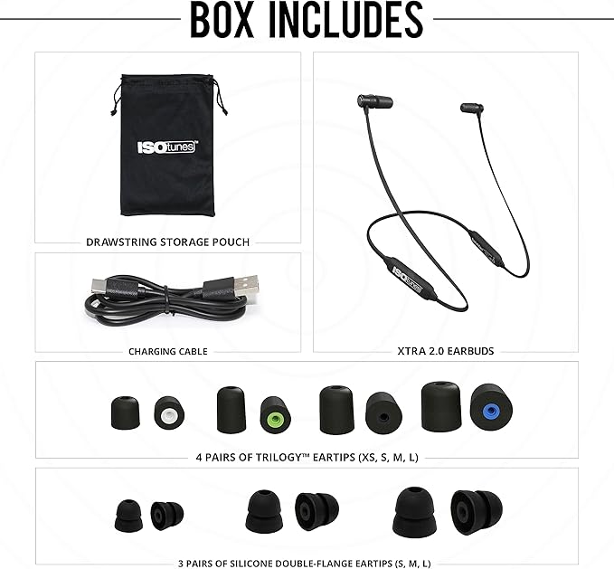 ISOtunes Xtra 2.0 Earplug Earbuds: OSHA Compliant Bluetooth Hearing Protection, 27 dB NRR Sound Isolation, 85 dB Volume Limit, Up to 11 Hour Battery Life, Noise Cancelling Mic