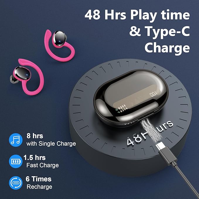 Wireless Earbuds Bluetooth 5.4 Headphones Sport, 2025 Bluetooth Earbuds with Earhooks, 48H Stereo Over Ear Buds, Earphone with 4 ENC Noise Canceling Mic, IP7 Waterproof Headset for Running/Gym/Workout