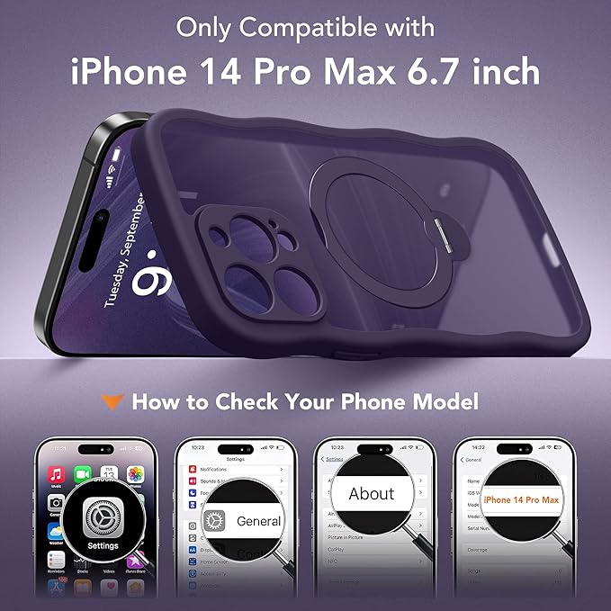 for iPhone 14 Pro Max Case for Women,[Compatible with Magsafe][360° Spin Magnetic Stand][Cute Wave Edge][Military-Grade Protection]Translucent Matte Phone Case for iPhone 14 ProMax, Dark Purple