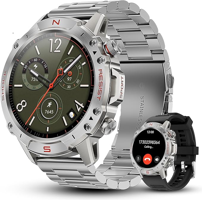 WalkerFit Military Rugged Smart Watch for Men 1.43" AMOLED Smartwatch, Always-on, 3ATM Waterproof for Swim,Accurate HR Sleep Monitor,Bluetooth Call Fitness Watch for iPhone Andriod Compatible, Silver