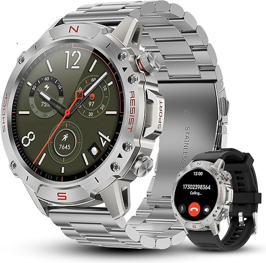 WalkerFit Military Rugged Smart Watch for Men 1.43" AMOLED Smartwatch, Always-on, 3ATM Waterproof for Swim,Accurate HR Sleep Monitor,Bluetooth Call Fitness Watch for iPhone Andriod Compatible, Silver