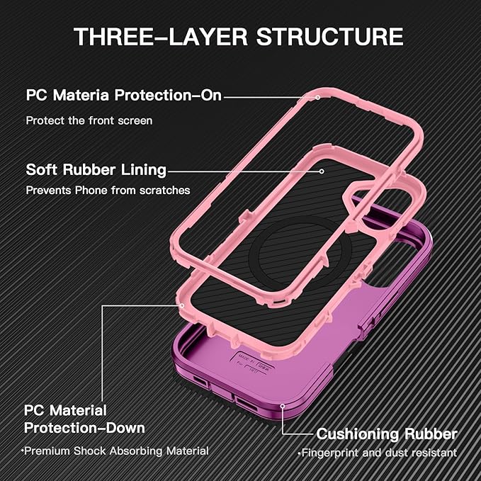 for iPhone 17 Case [Compatible with MagSafe] Shockproof 3-Layer Full Body Protection [Without Screen Protector] Rugged Heavy Duty Cover Case for Apple iPhone 17 6.3" 2025,Purple/Pink