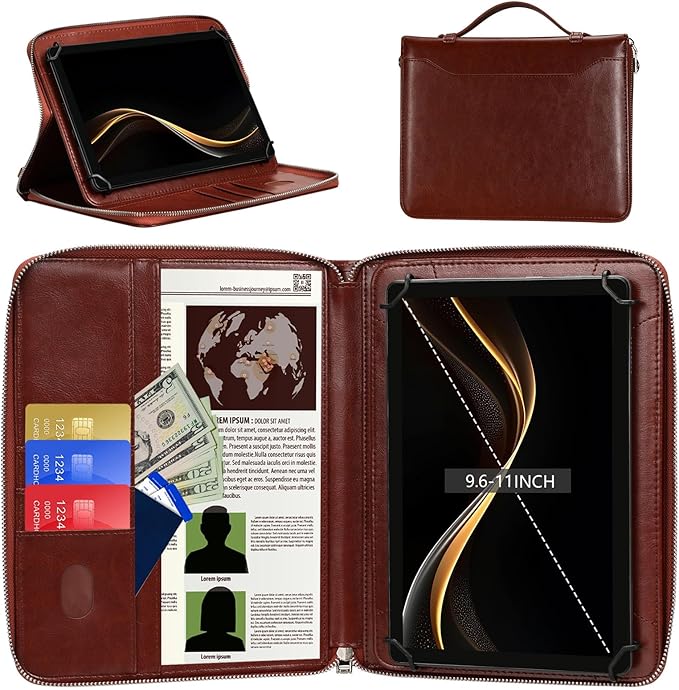E NET-CASE 9.6-11 Inch Universal Tablet Case with Tri-Angle Adjustable Stand (Vertical/Horizontal), Detachable Shoulder Strap & Document Card Pocket, Premium PU Leather(Brown)