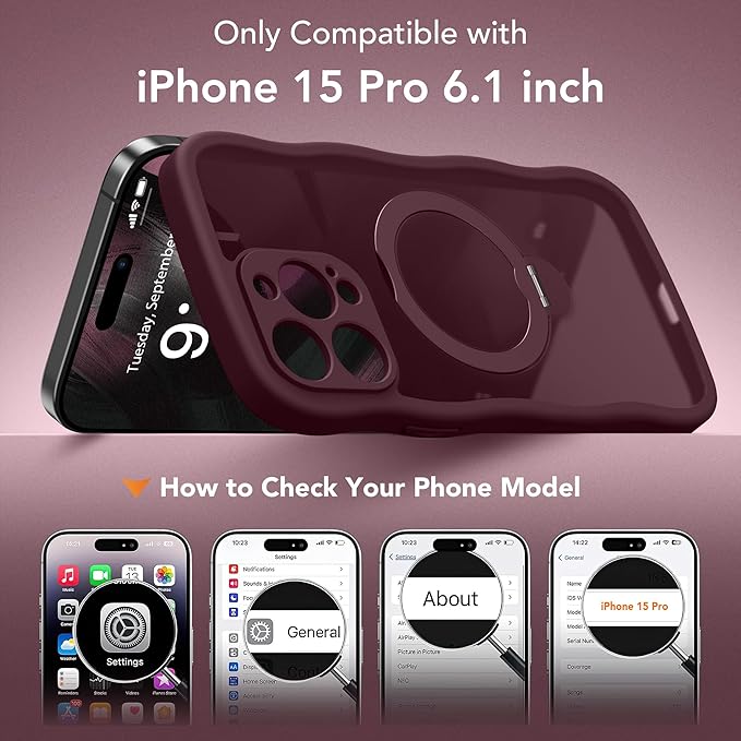 GolbinBox for iPhone 15 Pro Case,[Compatible with Magsafe][360°Magnetic Stand][Cute Wave Edge][18ft Military-Grade Protection] Translucent Matte Phone Women Case for iPhone 15 Pro, Wine Red