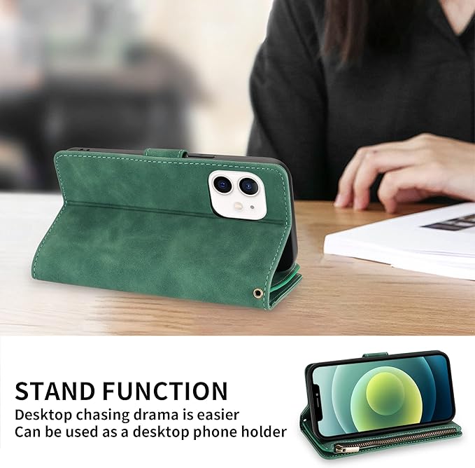 ZZXX for iPhone 12 Mini Wallet Case with Card Slot Premium Soft PU Leather Zipper Flip Folio Wallet with Wrist Strap Kickstand Protective for iPhone 12 Mini Case Wallet(Green 5.4 inch)