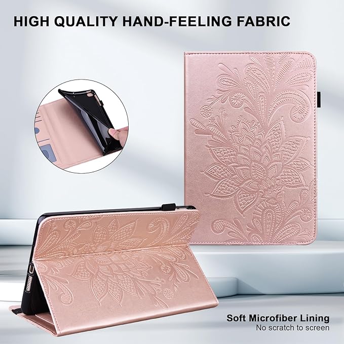 Case for Lenovo Tab M10 Plus 3rd Gen 10.6 Inch 2022 (TB125FU/128FU), Embossed Lace PU Leather Flip Folio Tablet Case with Elastic Band & Card Slots/Holder, Multi-Angle Viewing Stand Cover, Rose Gold