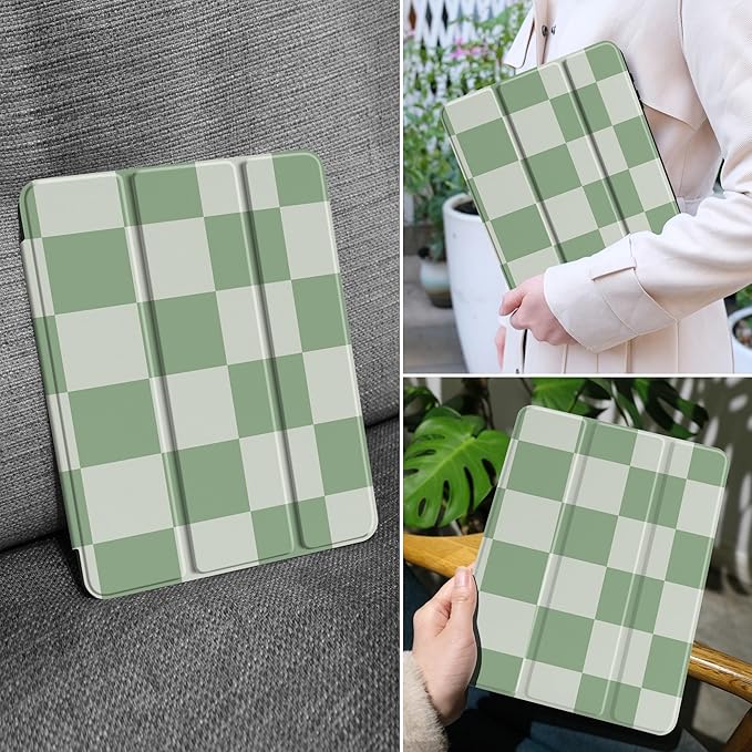 MEEgoodo Case for Samsung Galaxy Tab A9 Plus 11 inch Cover 2024 2023 with S Pen Holder, A9+ Smart Tablet Cases with Leather Trifold Stand+Soft TPU Back Shell+Smart Auto Wake/Sleep, Green Checkered