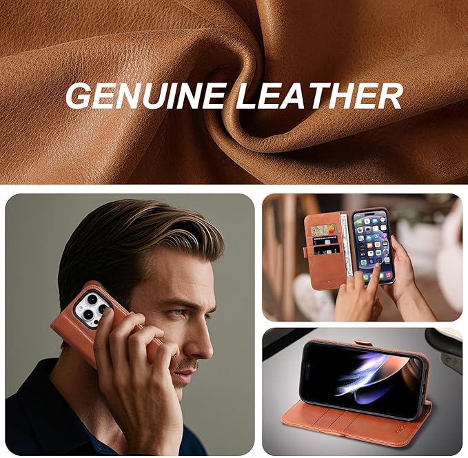 Case for iPhone 16 Pro 6.3" 2024-Genuine Leather Folio Magnetic Closure RFID Blocking Card Holder Kickstand Full Protection Phone Case Compatible with iPhone 16 Pro (Brown)