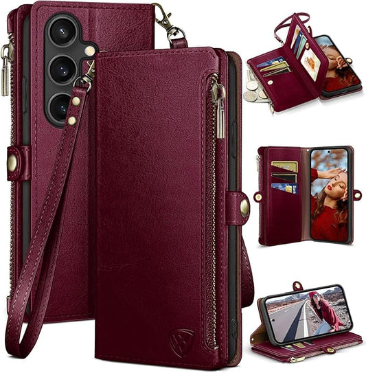 XcaseBar Compatible with Samsung Galaxy S25 Wallet case with Zipper Credit Card Holder【RFID Blocking】,Flip Folio Book PU Leather Phone case Shockproof Cover Men Women for Samsung S25 case Wine Red