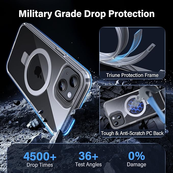 Magnetic Case for iPhone 13/14 - [Built-in Invisible Stand] [Compatible with MagSafe] [Military Grade Drop Protection] Anti-Yellowing Hard Back Silicone Edge Cover, 6.1", Clear