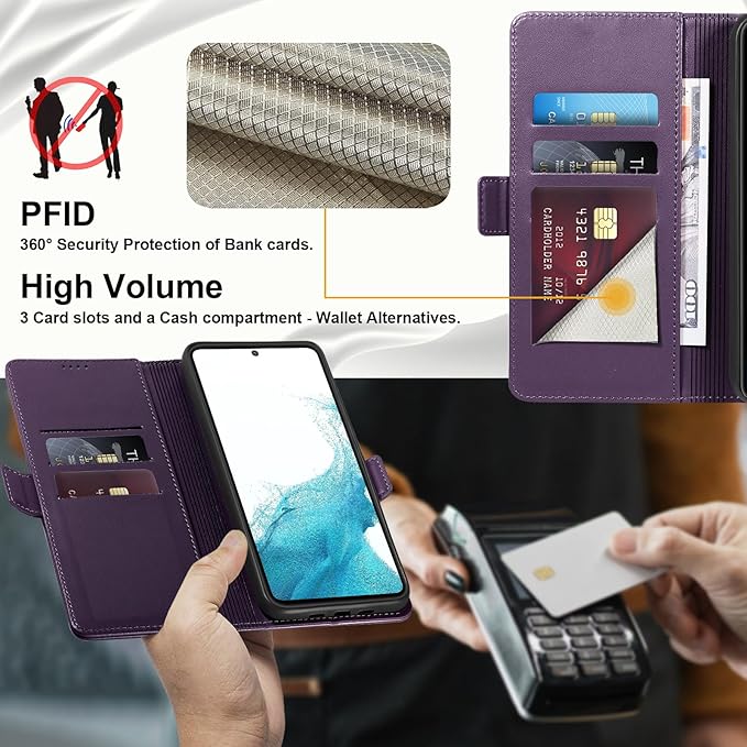 Wallet Flip Case for Samsung Galaxy S22 5G - [RFID Blocking] Luxury PU Leather Card Holder Magnetic Phone Cover with Kickstand,Shockproof Protective Case,Purple