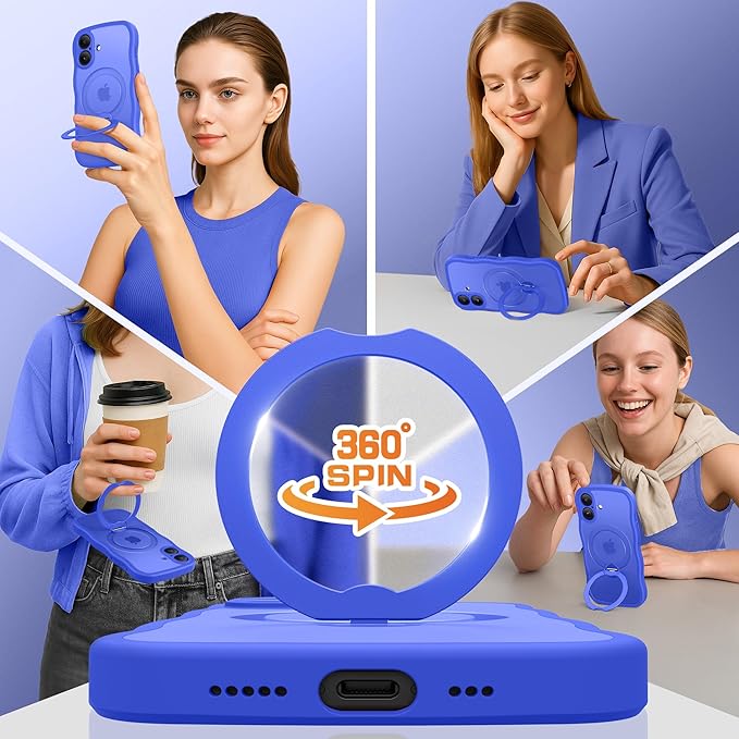 for iPhone 16 Case, [Compatible with Magsafe][360° Spin Magnetic Stand][Military-Grade Protection][Camera Control][Cute Wave Edge]Translucent Matte Women Phone Cover for iPhone 16,Ultramarine