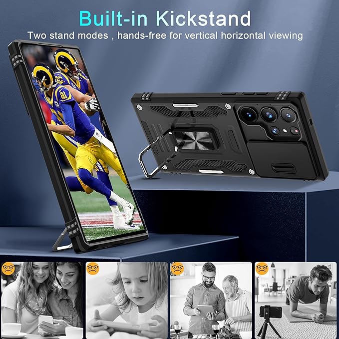 DEERLAMN Case for Samsung Galaxy S25 Ultra 6.9-Inch with Slide Camera Cover+Screen Protector, Rotated Ring Kickstand Military Grade Drop Protection Shockproof Protective Cover-Black