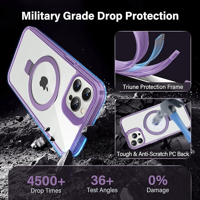 Magnetic Case for iPhone 13 Pro - [Built-in Invisible Stand] [Compatible with MagSafe] [Military Grade Drop Protection] Anti-Yellowing Hard Back Silicone Edge Cover, 6.1", Clear Purple