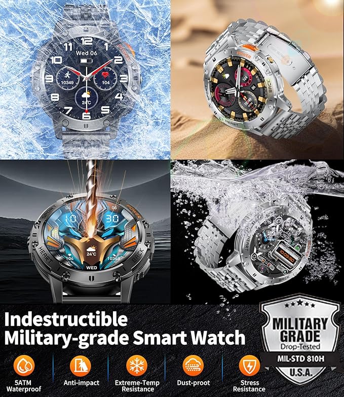 Smart Watches for Men(3 Straps),1,43'' AMOLED Military Smart Watch for Men with LED Flashlight/530mAh Large Battery/5ATM Waterproof,Fitness Tracker Smartwatch with Answer/Make Call Silver