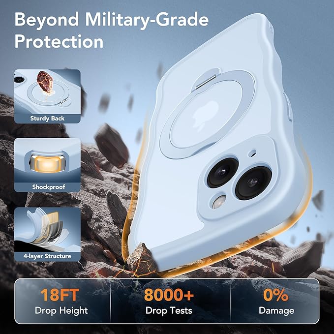 GolbinBox for iPhone 15 Case for Women,[Compatible with Magsafe][360° Spin Magnetic Stand][Cute Wave Edge][Military-Grade Protection] Translucent Matte Phone Case for iPhone 15, Sky Blue