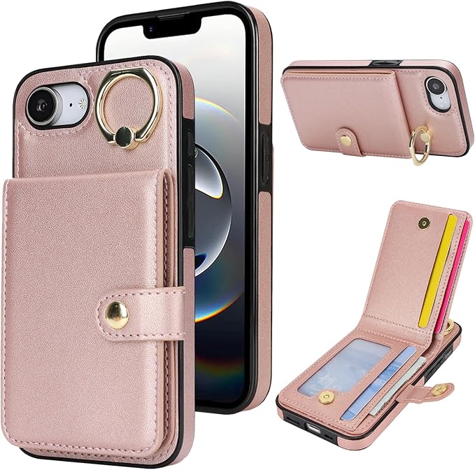 Compatible iPhone 16e Wallet Case with Card Holder RFID Blocking PU Leather Doubles as a Wallet Unisex Flip Shockproof Protection with Card Slots Ring Wrist Kickstand Function,Rose Gold