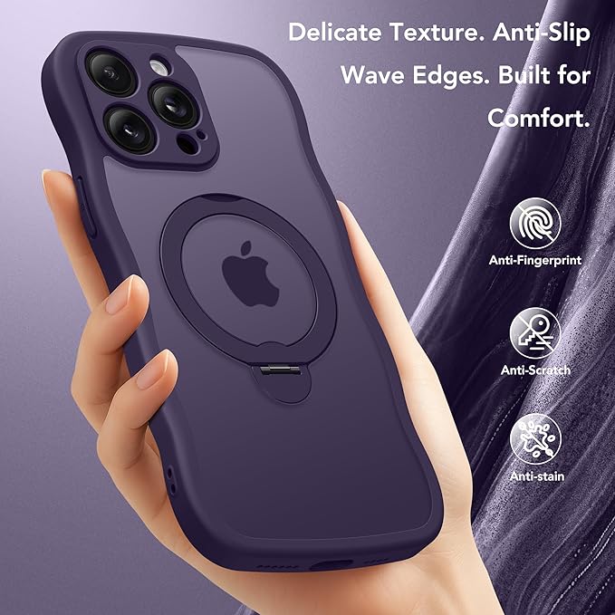 for iPhone 14 Pro Case for Women,[Compatible with Magsafe][360° Spin Magnetic Stand][Cute Wave Edge][Military-Grade Protection] Translucent Matte Phone Case for iPhone 14 Pro, Dark Purple