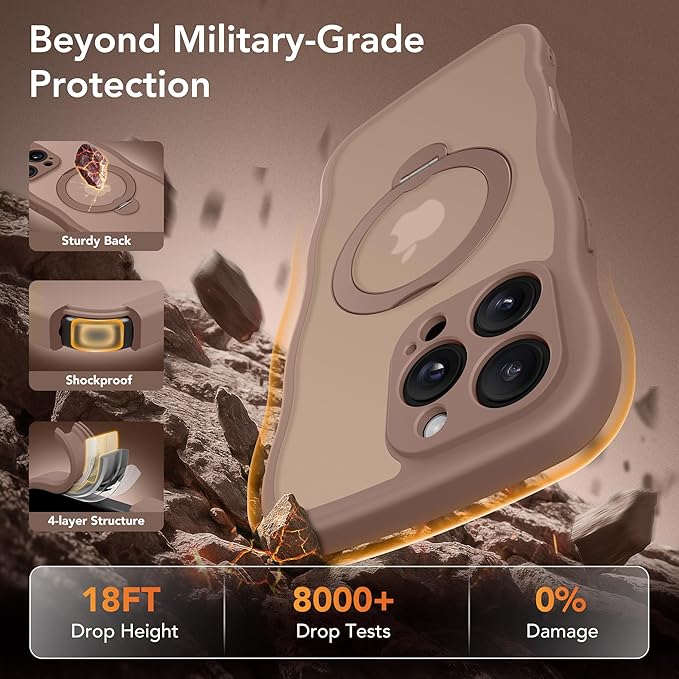 GolbinBox for iPhone 16 Pro Max Case for Women,[Compatible with Magsafe][360° Spin Magnetic Stand][Cute Wave Edge][Military-Grade Protection] Translucent Matte Phone Case for iPhone 16 ProMax, Brown