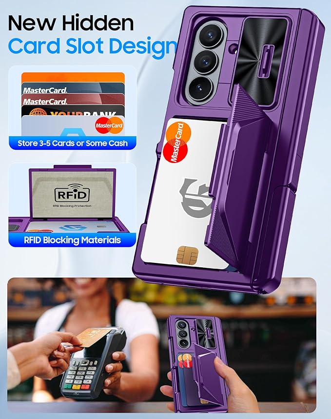 for Samsung Galaxy Z Fold 7 Case with Card Holder RFID Blocking, Built in Slide Lens Cover & Hinge Protection & Kickstand & Screen Protector, Shockproof Wallet Case for Z Fold 7 (Purple)