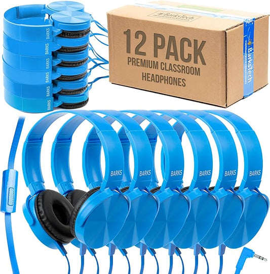 Barks Classroom Headphones with Microphone (12 Pack, Blue) - Upgraded On-Ear Bulk Headphones for Classroom: Best for Students K-12 Schools (Inline Microphone, Good Recording Quality, Durable)