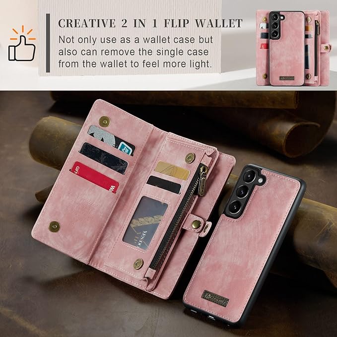 SZHAIYU 2 in 1 Detachable for Samsung Galaxy S23+ / S23 Plus Wallet Case with Card Holder, Retro Premium Flip Leather Cover Magnetic Zipper Pocket Phone Cases 6.6'' (Pink,S23+/S23 Plus)