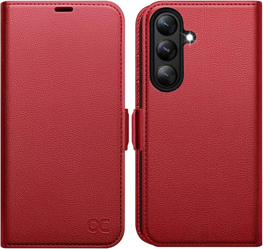 OCASE Compatible with Galaxy S25 FE Wallet Case, PU Leather Flip Folio Case with Card Holders RFID Blocking Kickstand [Shockproof TPU Inner Shell] Protective Phone Cover 2025, Litchi Burgundy