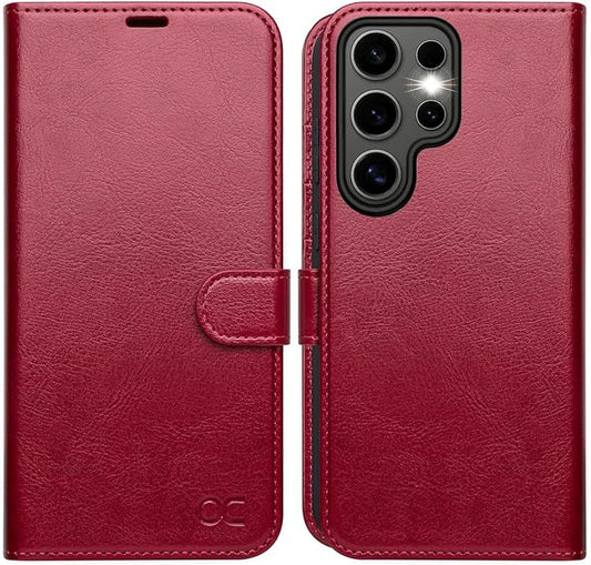OCASE Compatible with Galaxy S25 Ultra Wallet Case, PU Leather Flip Folio Case with Card Holders RFID Blocking Kickstand [Shockproof TPU Inner Shell] Protective Phone Cover 2025, Red