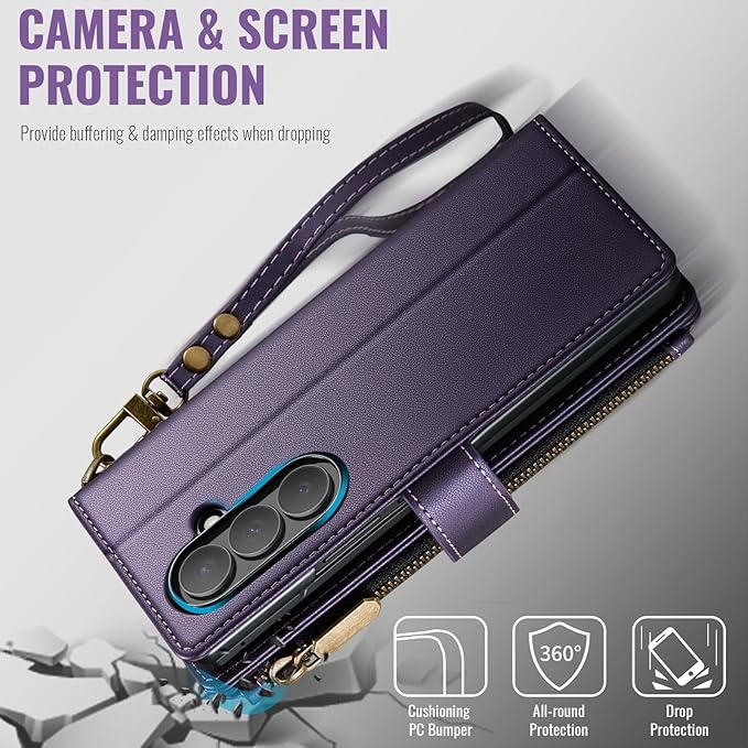 Vinich for Samsung Galaxy Z Fold 7 Wallet Case with Card Holder, Detachable Strap RFID Blocking Credit Slots Kickstand Shockproof Phone Cover for Women Men, Purple