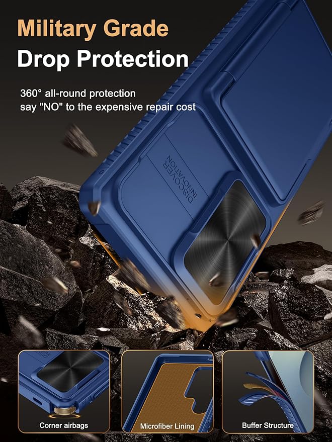 Vihibii for Samsung Galaxy S25 Ultra Case with Card Holder (4 Cards), [RFID Blocking] & Slide Camera Cover & Raised Edge Protect Screen, Shockproof Rugged Case for Samsung Galaxy S25 Ultra, Blue