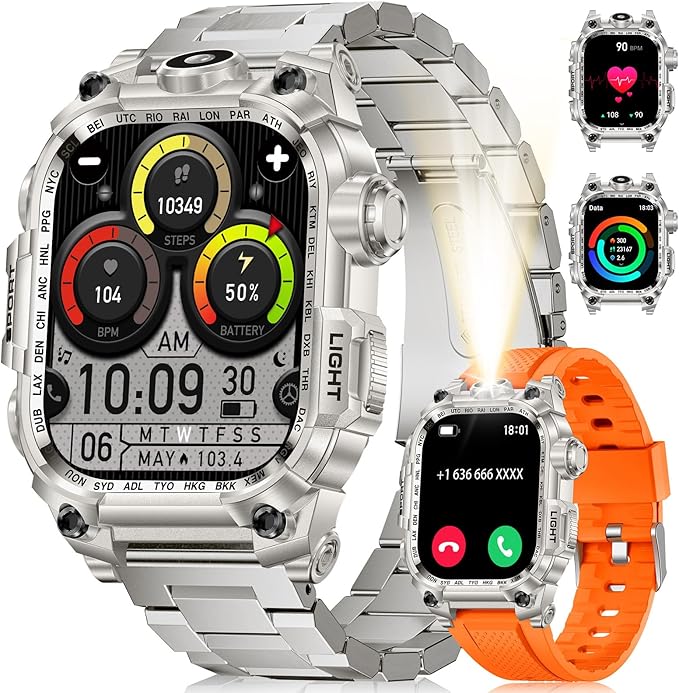 Military Smart Watches for Men(Answer/Make Calls),2.01"HD Screen Sports Smartwatch with LED Flashlight,700mAh Battery,Heart Rate/Sleep Monitor Fitness Tracker for Android iOS,100+Sport Modes,Sliver
