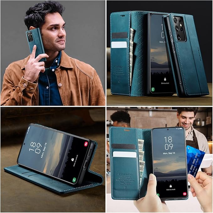 Wallet Case for Samsung Galaxy S21 Ultra Leather Wallet Flip Cover with Card Holder, Kickstand, Magnetic Closure, RFID Blocking TPU Shockproof Phone Case Compatible with S21 Ultra,Blue-Green