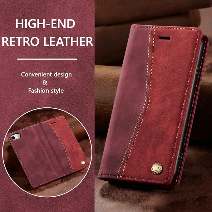 QLTYPRI Case for iPhone 16e, Vintage PU Leather Wallet Case Card Slot Kickstand Magnetic Closure Shockproof Flip Folio Cover for iPhone 16e - Retro Wine Red