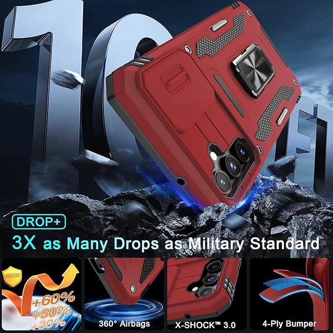 DEERLAMN Case for Samsung Galaxy S23 FE 6.4-Inch with Slide Camera Cover+Screen Protector(1 Pack),Rotated Ring Kickstand Military Grade Shockproof Protective Cover-Red