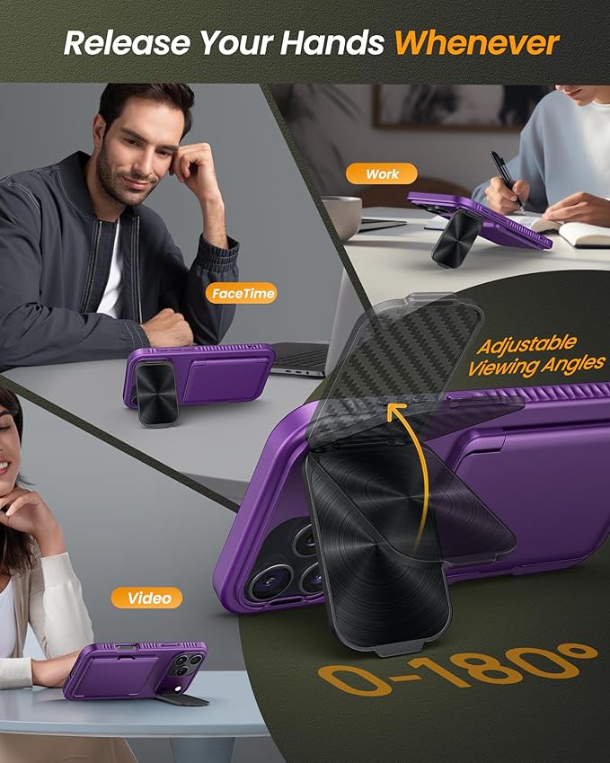 for iPhone 17 Pro Case, Built-in Card Holder & Stand & Lens Cover, Military Grade Drop Tested Soft Silicone Edge Rugged Kickstand Protective Wallet Phone Case for iPhone 17 Pro 2025, Purple