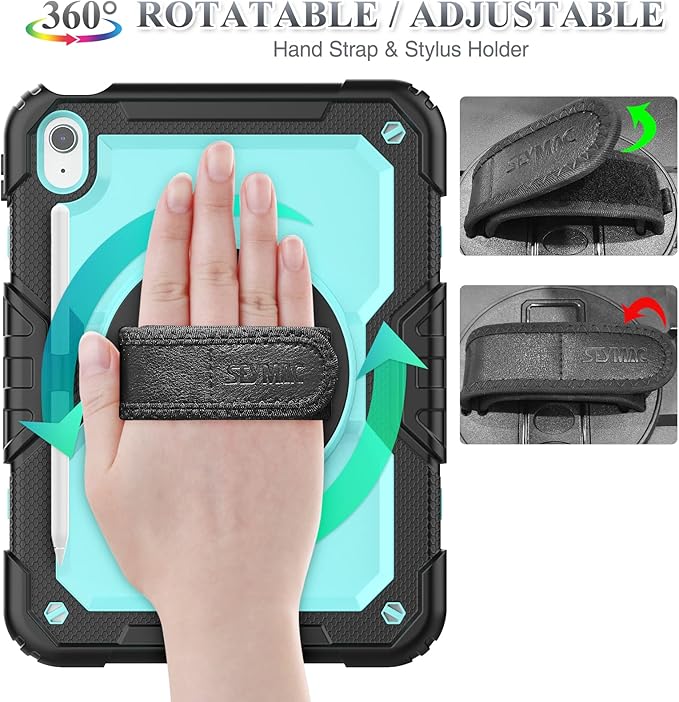 SEYMAC stock Case for iPad (A16) 11th/10th Generation 11''/10.9'' 2025/2022, Full-Body Drop Protection Case with Screen Protector &360° Rotate Hand Strap/Stand, Brightblue+Black