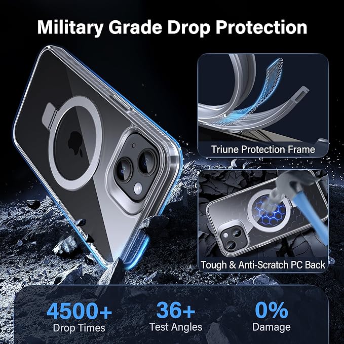 Magnetic Case for iPhone 14 Plus - [Built-in Invisible Stand] [Compatible with MagSafe] [Military Grade Drop Protection] Anti-Yellowing Hard Back Silicone Edge Cover, 6.7", Clear