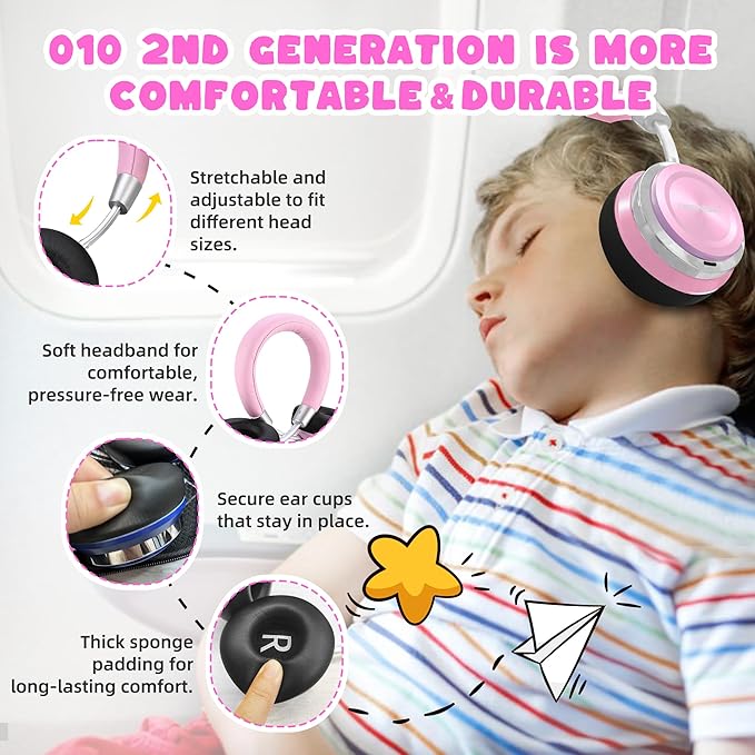 PROHEAR 010 Pro Active Noise Cancelling Headphones for Kids – Bluetooth, 85dB Safe Volume, 80H Playtime, Hi-Fi Over-Ear Wireless Headphones with Mic for iPad, Tablet, Travel – Pink