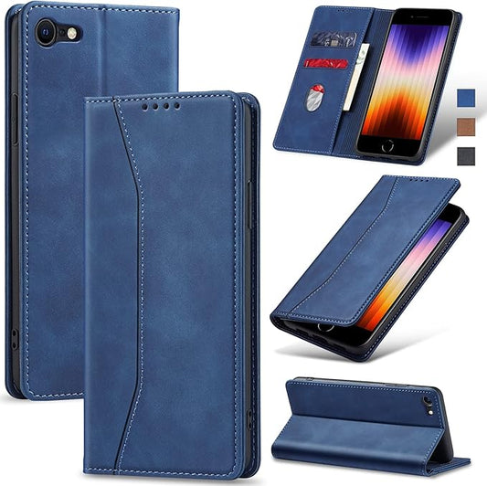 Jasonyu Flip Wallet Case for iPhone SE 2022/2020/8/7,Leather Magnetic Folio Cover with Card Holder,Kickstand - TPU Shockproof Durable Protective Phone Case,Blue
