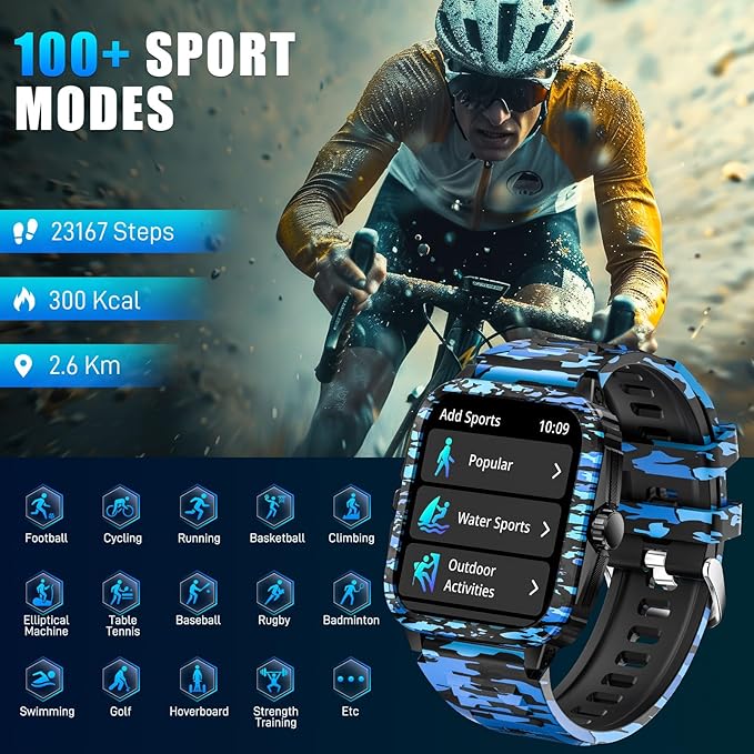 Military Smart Watches for Men (Make/Answer Call) 1.96" Screen Outdoor Activity Tracker with 100+ Sport Modes Health Monitor 3ATM Waterproof Smartwatch