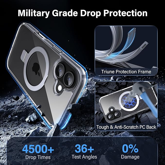 Magnetic Case for iPhone 17 - [Built-in Invisible Stand] [Compatible with MagSafe] [Military Grade Drop Protection] Anti-Yellowing Hard Back Silicone Edge Cover, 6.3", Clear
