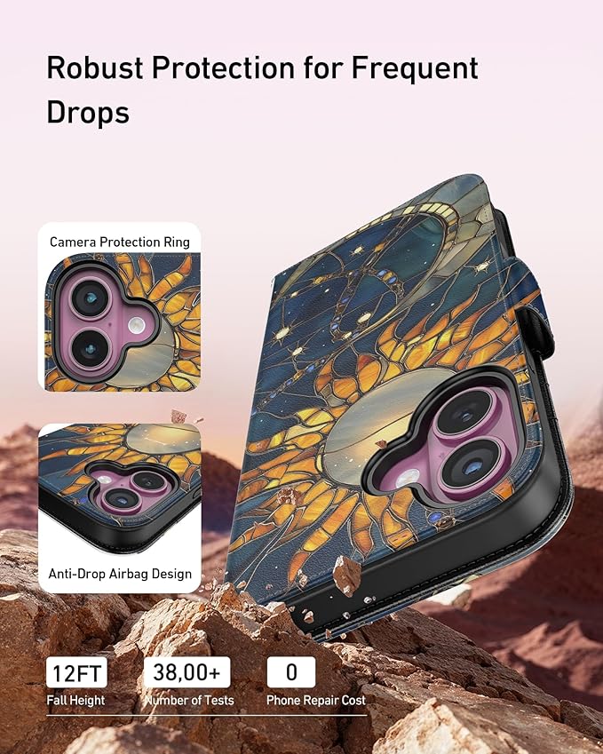 DEENAKIN for iPhone 16 Wallet Case with Card Holder + Cash Clip, RFID-Blocking, Military-Grade Drop Protection, Magnetic Closure with Leather Kickstand - Solar Lunar Harmony