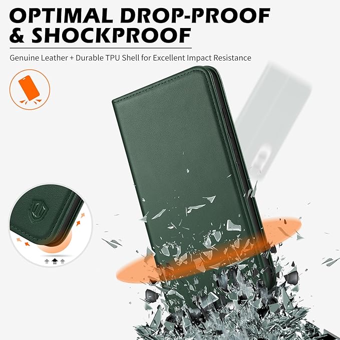 SHIELDON Case for Galaxy S25 Edge 5G 6.7", Genuine Leather Flip Wallet Kickstand RFID Blocking Credit Card Holder Magnetic Shock Absorbing Cover Compatible with Galaxy S25 Edge 2025 - Nappa Evergreen