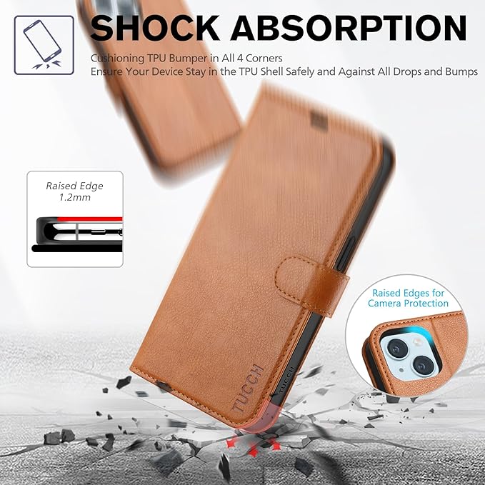 TUCCH Case Wallet for iPhone 15, [RFID Blocking] PU Leather Stand Folio Cover with 4 Card Slots [TPU Protective Interior Shell], Magnetic Flip Case Compatible with iPhone 15 6.1" 2023, Textured Brown