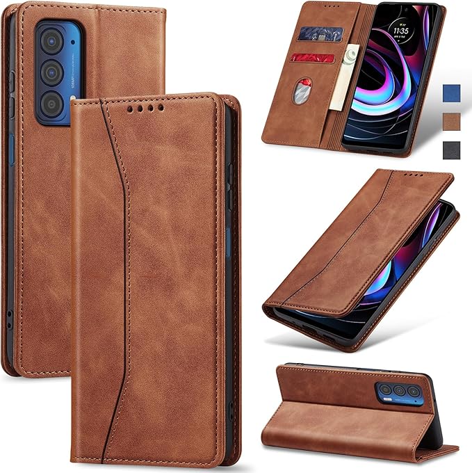 Jasonyu Flip Wallet Case for Motorola Edge 5G UW/Moto Edge (2021),Leather Magnetic Folio Cover with Card Holder,Kickstand - TPU Shockproof Durable Protective Phone Case,Brown